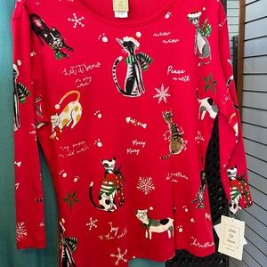 NWT Holiday Red Cat Print Long Sleeve Top